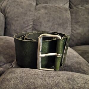 Wide Dark Olive Green Leather Belt Medium